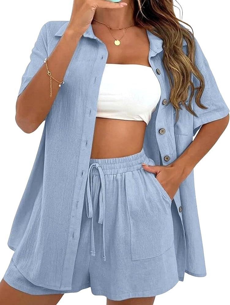 Women Summer Cotton Linen Short Sets 2 Piece Shorts Top Lounge Beach Vacation Two Piece Outfits T... | Amazon (US)