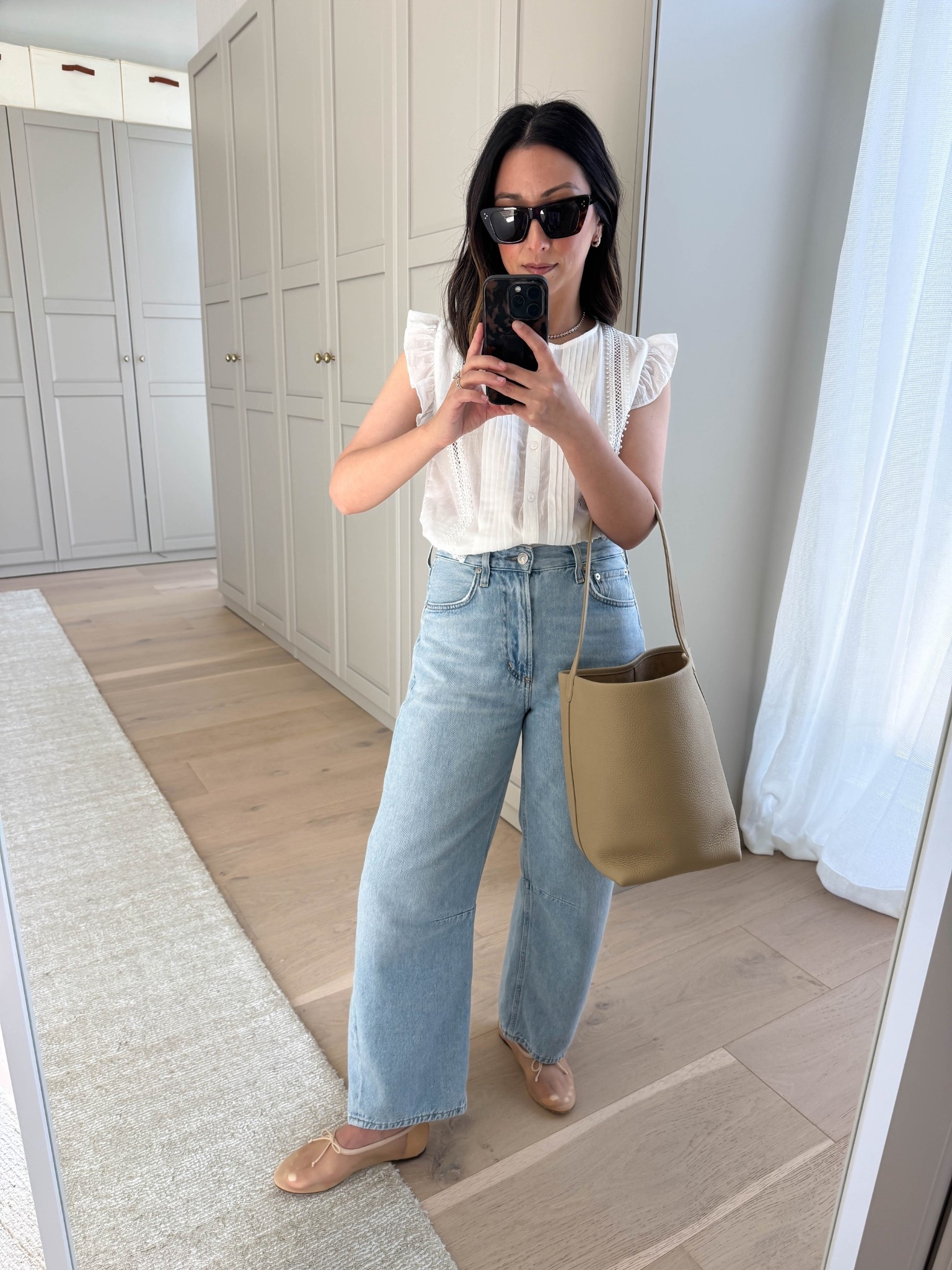 Citizens of Humanity Petite Miros. 
This specific wash is butter soft - like sweatpants denim. Length is fantastic on petites! 

Zara top small - sold out in white, linked similar
Citizens of Humanity Miro jeans 25 petite
Loeffler Randall mesh flats 5
The Row bag medium - linked similar
Celine sunglasses
Dorsey James necklace 15"
Electric Picks Daphne hoops

Spring outfits 2026, petite style, jeans 

#LTKootd #LTKPetite #LTKmomlife