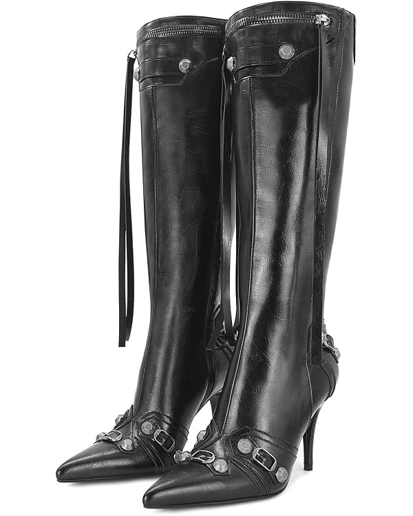 Women's Stiletto Black Knee High Boots Sexy Pointed Toe Boot Fashion Trendy High Heel Boots Zippe... | Amazon (US)