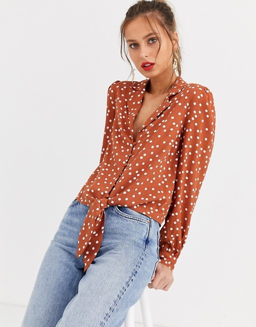 Oasis shirt with tie front in tan polka dot | ASOS US