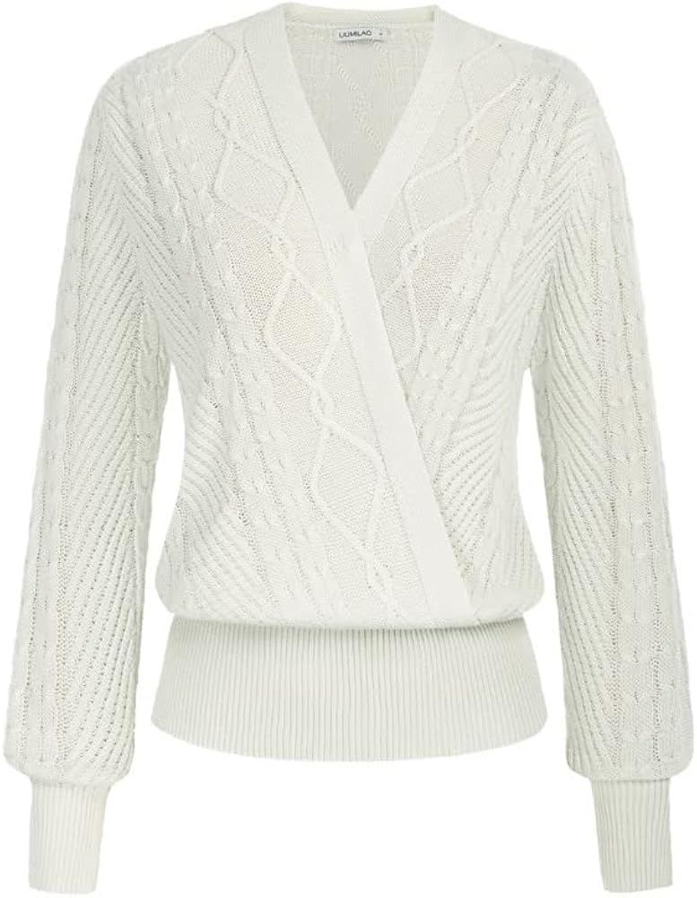 LIUMILAC Women Surplice Sweater Fall Cable Knit Pullover Wrap Top V Neck Jumper | Amazon (US)