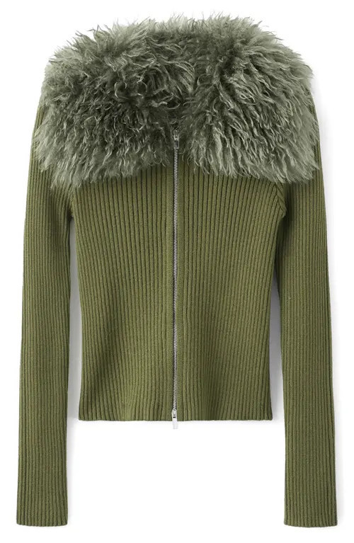 MANGO Faux Fur Collar Zip Cardigan in Khaki Green at Nordstrom, Size Large | Nordstrom