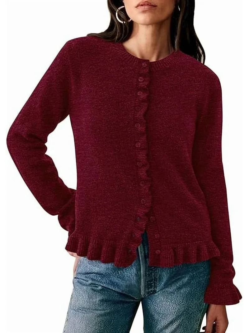 PRETTYGARDEN Womens Fall Button Down Cardigans Chunky Knit Ruffle Open Front Cropped Cardigan Swe... | Walmart (US)