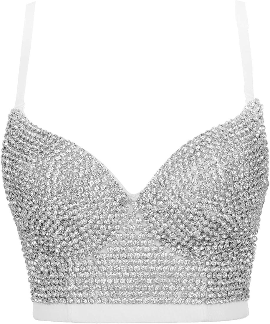Women's Bustier Crop Top Mesh Corset Top Push up Rhinestone Diamond Bra Club Party Vest | Amazon (US)