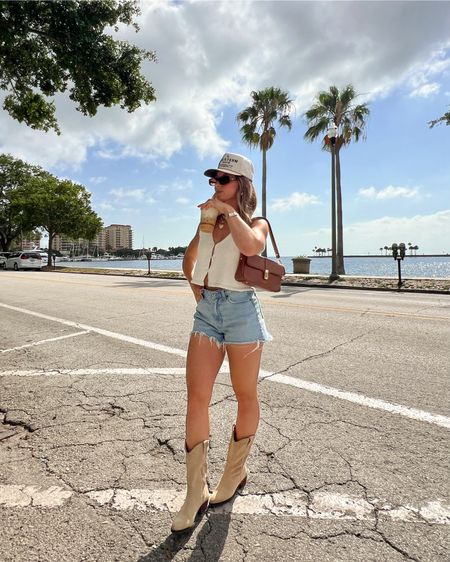 5/9/24 Denim shorts outfit 🫶🏼 Summer outfits, summer outfit ideas, summer fashion, summer fashion trends, denim shorts, abercrombie sale, abercrombie jean shorts, abercrombie shorts, abercrombie denim shorts, sweater vest top, vest top, cowgirl boots, cowgirl boots outfit, trucker hat, trucker hat outfit