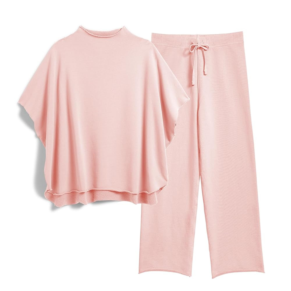 Women's Two Piece Outfits 3/4 Batwing Sleeve Capelet Crew Neck Pullover Top Wide Leg Pants Lounge... | Amazon (US)