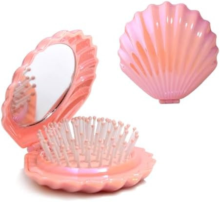 Metallic Shinning Finish Foldable Travel Hair Brushes with Mirror Shell Shape Portable Folding Po... | Amazon (US)