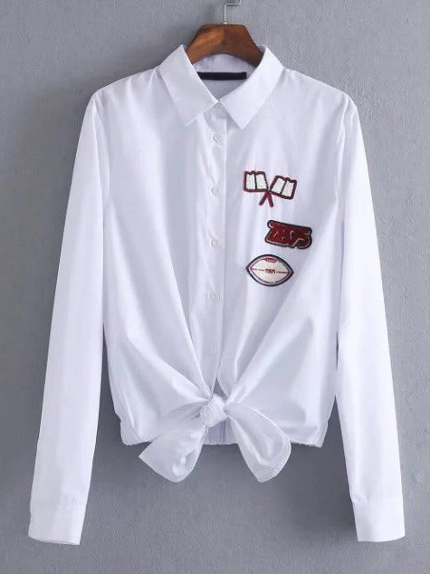 White Patches Knotted Hem Shirt | SHEIN