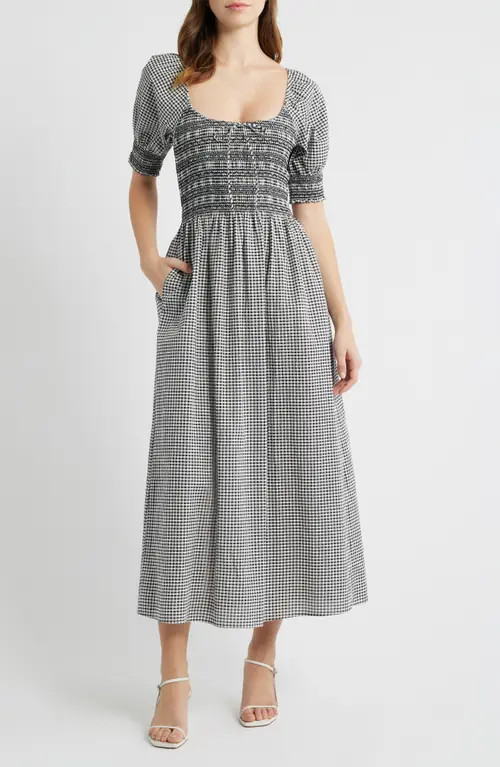 Hill House Home The Madeline Smocked Puff Sleeve Maxi Dress in Black/sand Gingham at Nordstrom, Size Large | Nordstrom