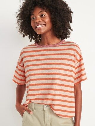 Short-Sleeve Oversized Cropped Striped Linen-Blend T-Shirt for Women | Old Navy (US)