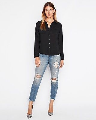 Express Womens Slim Fit Full Button-Up Portofino Shirt Black Women's Xxs Black Xxs | Express