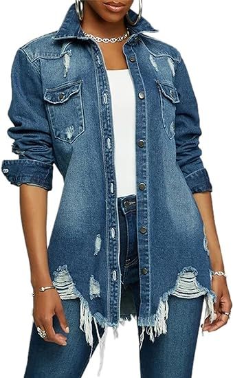 UANEO Womens Denim Ripped Distressed Button Down Mid Long Casual Jean Jackets | Amazon (US)