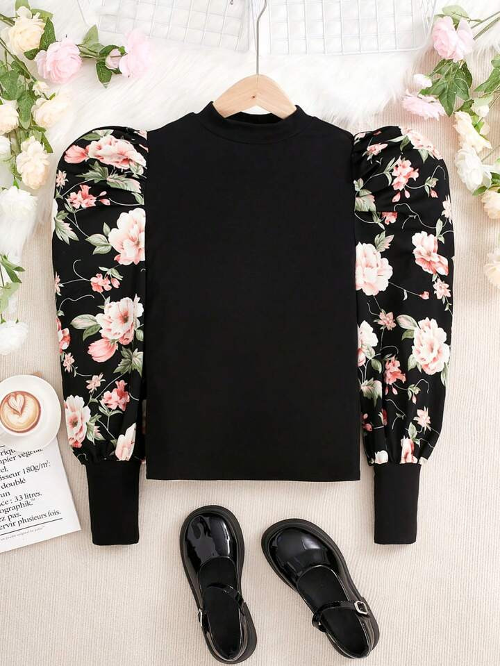 SHEIN Teen Girl Floral Print Gigot Sleeve Mock Neck Tee | SHEIN