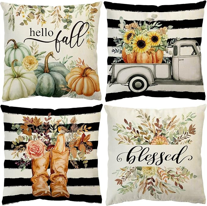 Fall Decor Pillow Covers 18X18 Set of 4, Autumn Track Throw Pillow Covers Sunflower Pumpkin Decor... | Amazon (US)