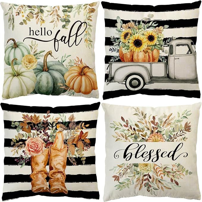 Fall Decor Pillow Covers 18X18 Set of 4, Autumn Track Throw Pillow Covers Sunflower Pumpkin Decor... | Amazon (US)
