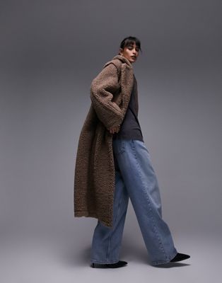 Topshop fluffy long-line borg coat in brown | ASOS (Global)