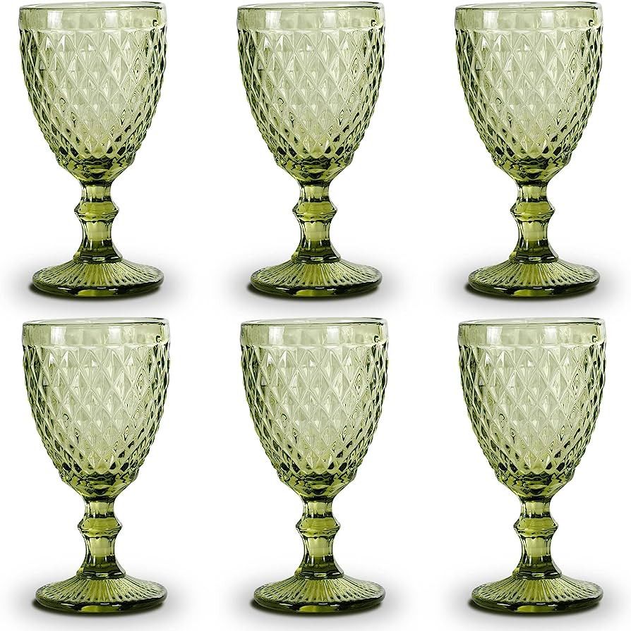 StarLuckINT Colored Glass Goblet Set of 6, Embossed Design Wine Glasses, 10 Oz Thickened Glass Wi... | Amazon (US)