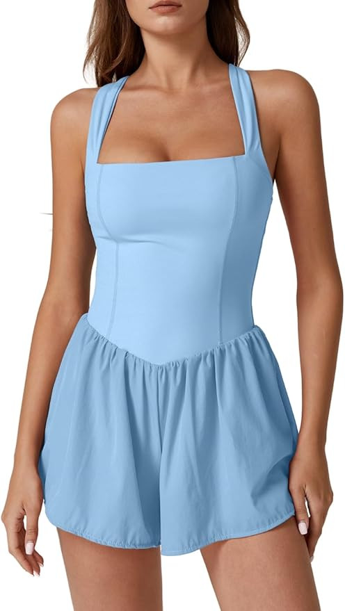 QINSEN Women's Square Neck Sleeveless Romper Jumpsuit Casual Summer One Piece Outfit with Pocket | Amazon (US)