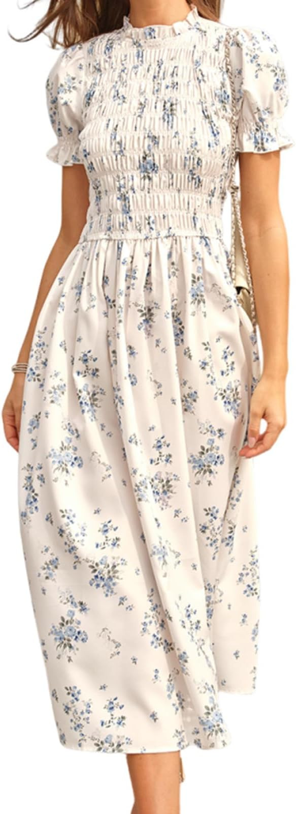 RIHOAS Women Shirred A-Line Midi Dress Summer Dresses Puff Short Sleeve Smocked Flowy Ruffle Boho... | Amazon (US)