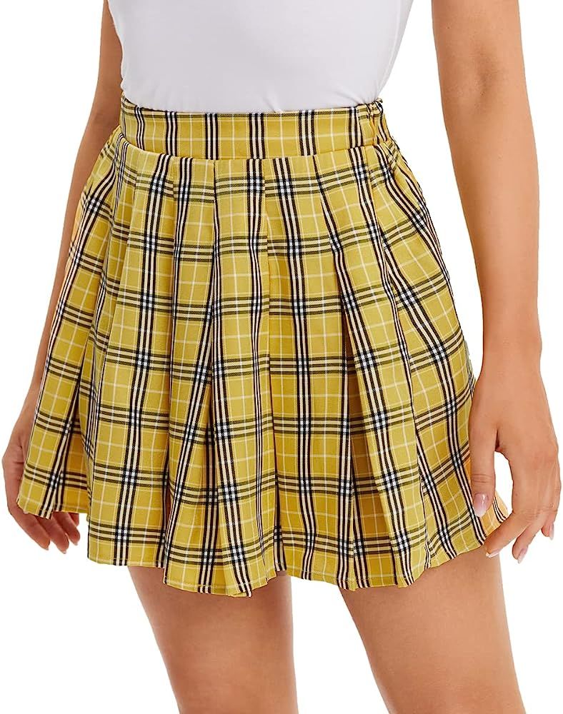 WDIRARA Women's Casual Plaid High Waist Pleated A-Line Uniform Mini Skirt | Amazon (US)