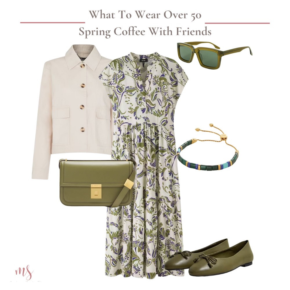 Spring casual dress outfit with cream cotton jacket green bag and ballet pumps green sunglassess

#LTKuk #LTKspring #LTKover50style