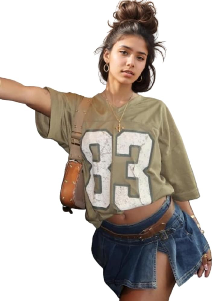 VCM Women's Jersey Shirts Y2k Half Sleeve T-Shirt Number Print Oversize Tee Top Casual Drop Shoul... | Amazon (US)