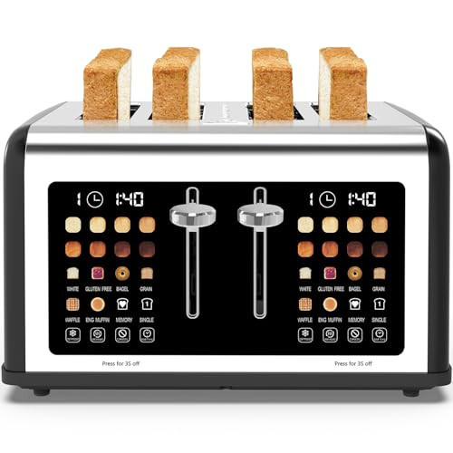 4 Slice Toaster Touch Screen, Stainless Steel Toasters Digital Timer, Dual Control Panel Toasters, 8 Shade Settings 6 Bread Types for Bagel, Cancel, Defrost 1650W Black | Amazon (US)