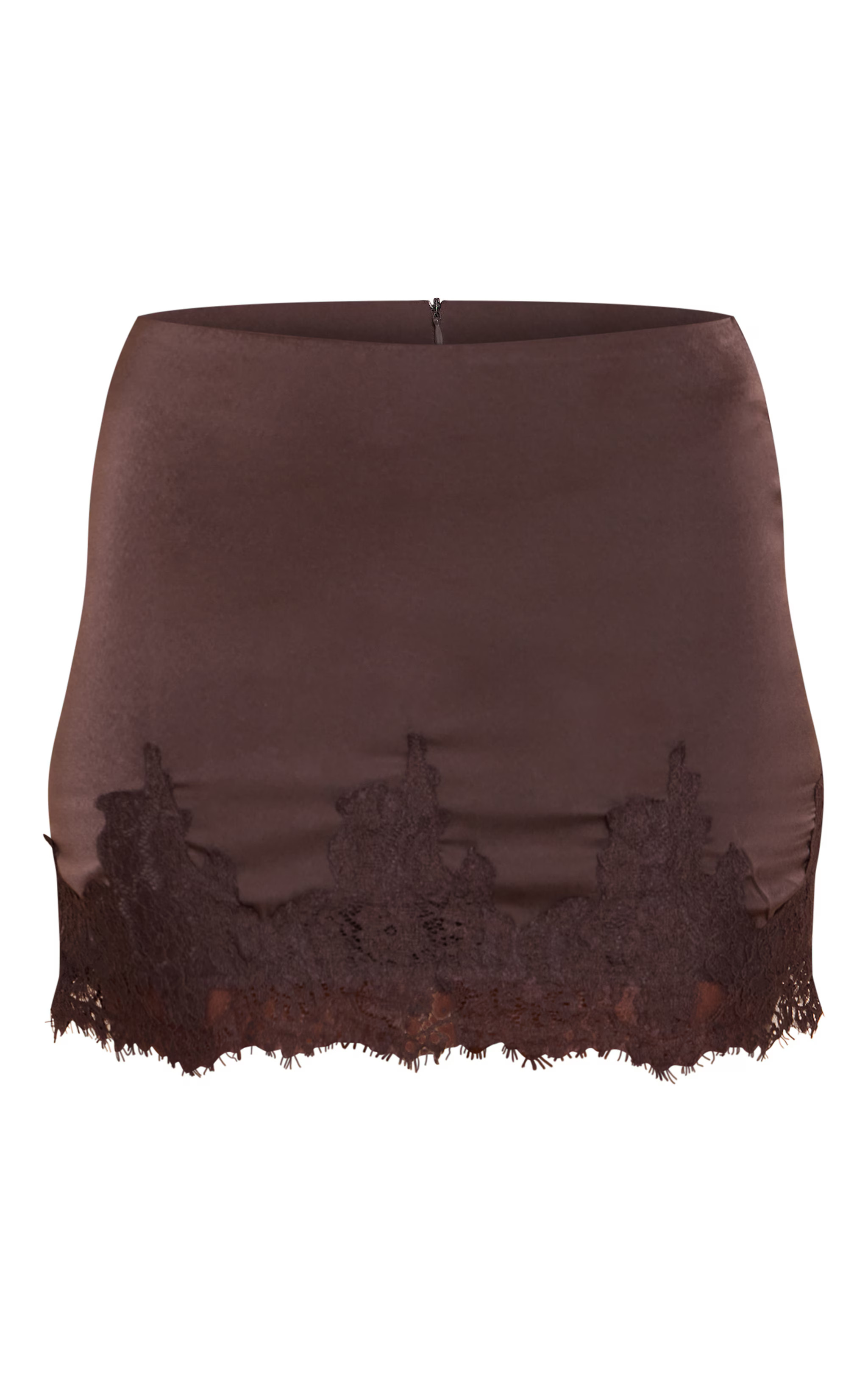 Dark Chocolate Satin Lace Trim Mini Skirt | PrettyLittleThing UK