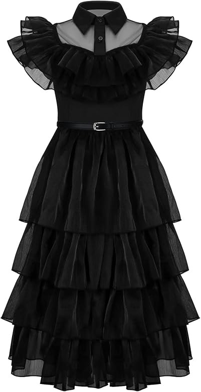 Kids Wednesday Addams Black Dance Dress with Belt Girls School Rave N Tulle Dress Halloween Cospl... | Amazon (US)