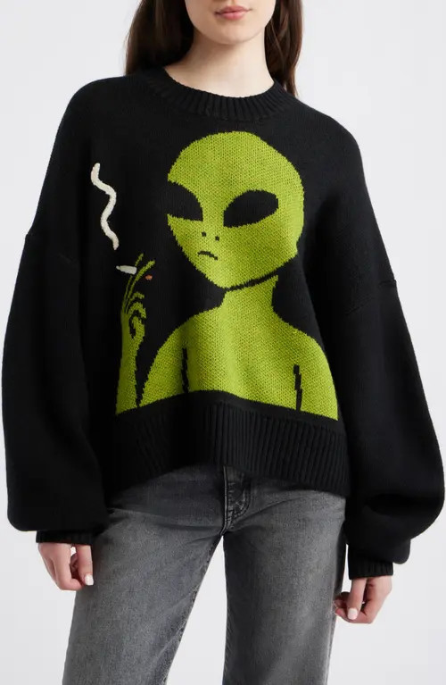 Dressed in Lala Keep Lalaland Weird Oversize Sweater in Black With Green Alien at Nordstrom, Size Small | Nordstrom