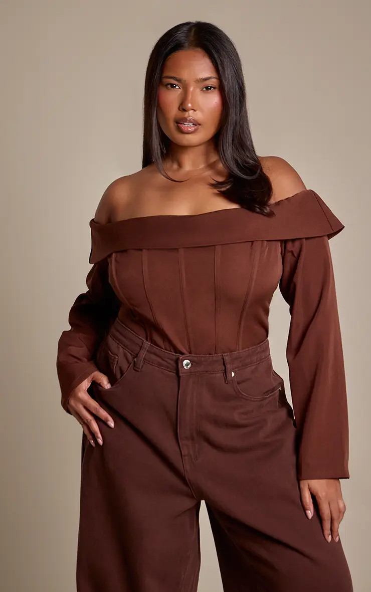 Plus Chocolate Bardot Corset Detail Long Sleeve Bodysuit | boohoo (US & Canada)