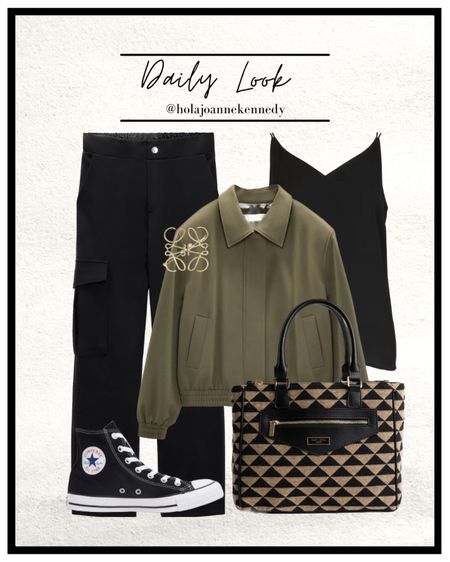 Black cargo trousers, olive green bomber jacket, Saint + Sofia bag, Loewe brooch, black chiffon cami, converse, simple spring outfit idea, easy outfit idea, spring work outfit 

#LTKeurope #LTKworkwear #LTKstyletip