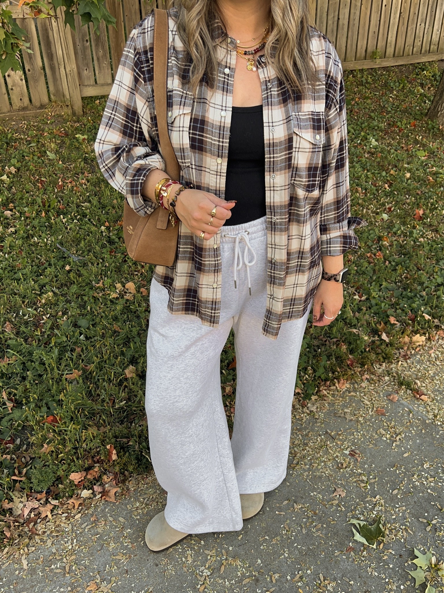 Fall ootd! Wearing M in the bra free tank, L in the wide leg sweatpants (could have done M). Sized up to XL in the plaid flannel shirt for an oversized fit. I’m a 9.5-10 and wear a 40 in the Birkenstock clogs

#LTKfall #LTKsale #LTKmidsize