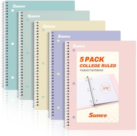 SUNEE Spiral Notebooks, 1-Subject, 5 Pack, College Ruled Paper, 8" x 10-1/2", 70 Sheets per Noteb... | Amazon (US)