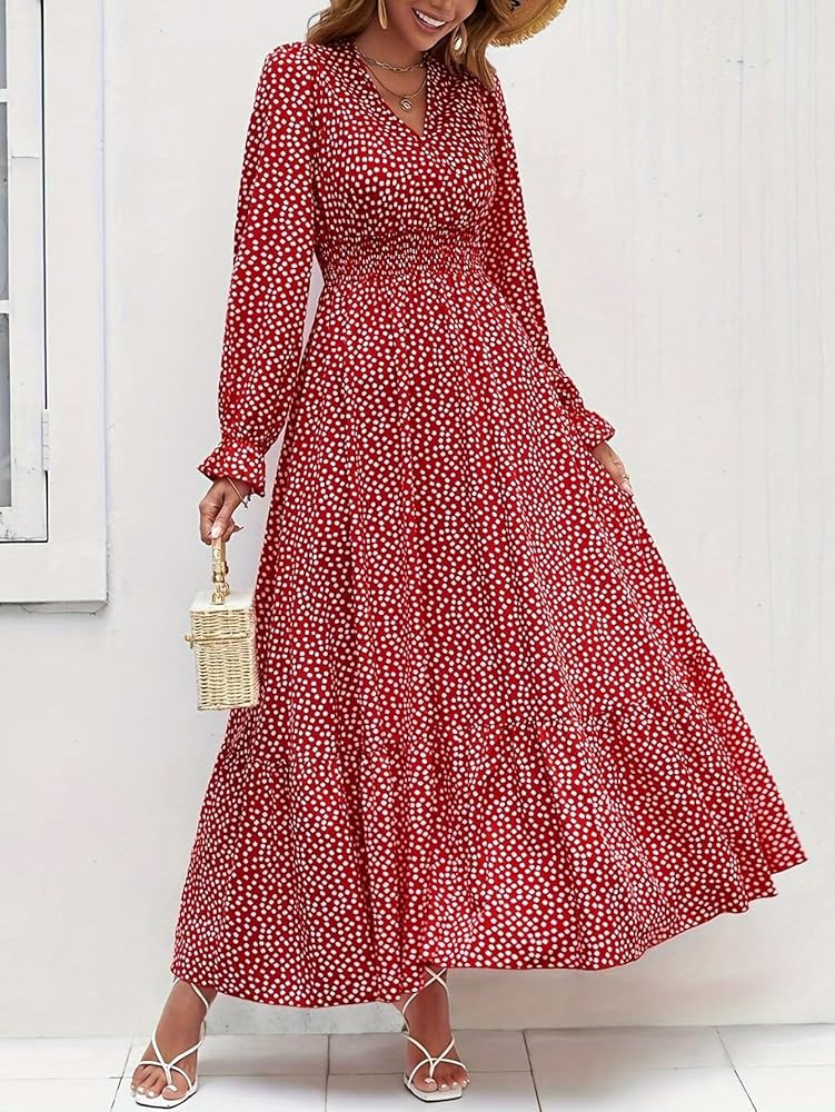 Women's Casual V Neck Polka Dot Ruffle Dresses Long Sleeve Smocked Ruched Waist Vacation Beach Boho Dress | Amazon (US)