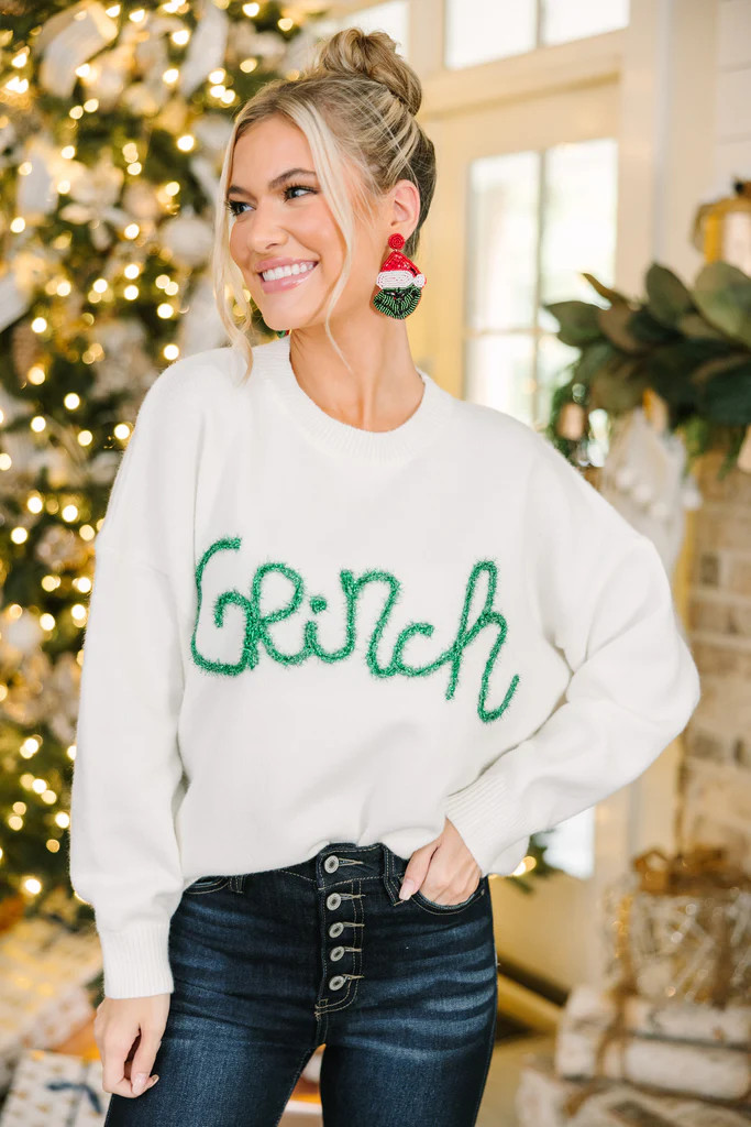 Feeling Grinchy Cream White Script Sweater | The Mint Julep Boutique
