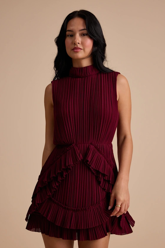 Alvana Burgundy Plisse Mock Neck Ruffled Mini Dress | Lulus