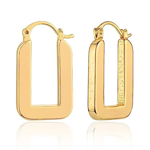 GDCOIN Gold Chunky Hoop Earrings for Women 14K Gold Plated S925 Huggie Hoops, Rectangle Sidecut Chunky Earing Delicate Simple Hypoallergenic Jewelry Gift | Amazon (US)