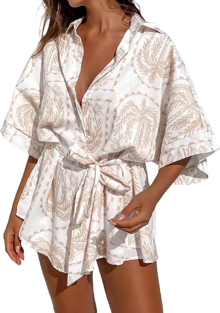 Women Boho Floral Print Romper Half Sleeve Button Shirt Waist Tie Jumpsuit Shorts Beach Playsuit ... | Amazon (US)