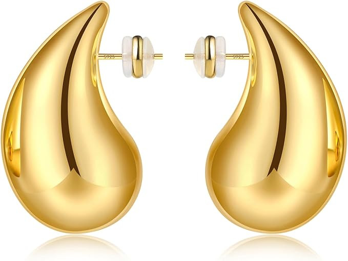 Chunky Gold Hoop Earrings for Women Lightweight Teardrop Dupes Earrings 925 Sterling Silver Post ... | Amazon (US)