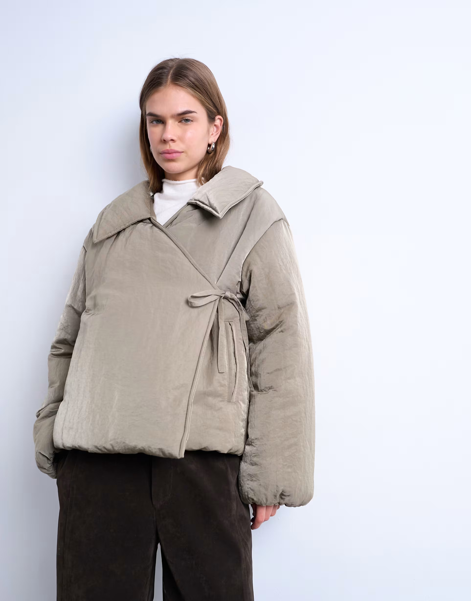 Topshop short tie waist puffer jacket in stone | ASOS (Global)