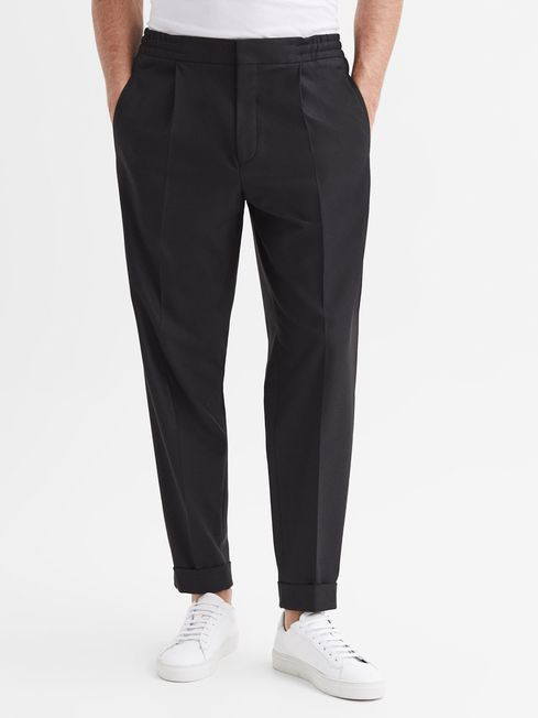 Reiss Black Brighton Relaxed Drawstring Trousers with Turn-Ups | Reiss UK