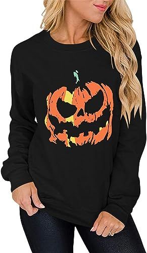 OWIN Women's Halloween Pumpkin Face Long Sleeve Sweatshirts Casual Pullover Tops | Amazon (US)