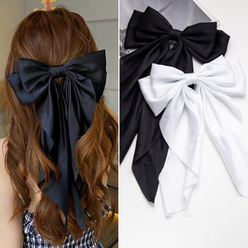 Hair Bows 2 PCS Ribbon Bow for Women,Hair Bows for Women,Hair Ribbons,Oversized Long-tail Cute Aesthetic Hair Accessories,Large Hair Barrettes for Women,Big Hair Bow,Big Bows for Girls（Black White） | Amazon (US)