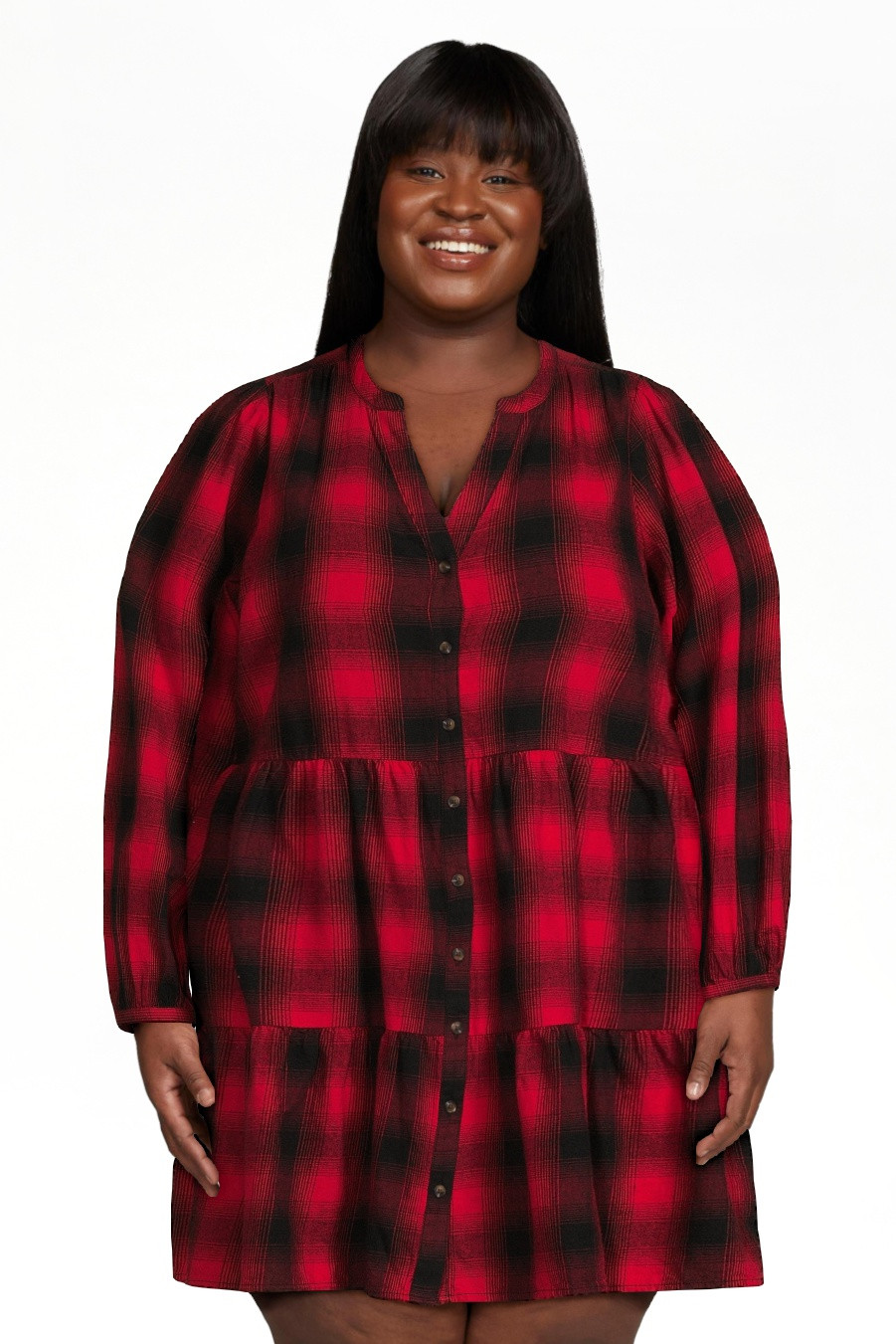 Time and Tru Women's Tiered Plaid Shirtdress with Puff Sleeves, Sizes XS-XXXL | Walmart (US)