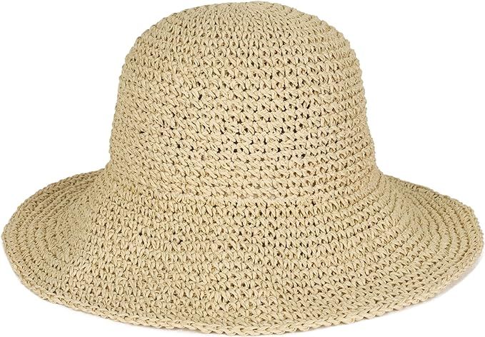 Womens Floppy Straw Sun Hat Foldable Packable Wide Brim Summer Beach Hat Crochet Bucket Hat | Amazon (US)