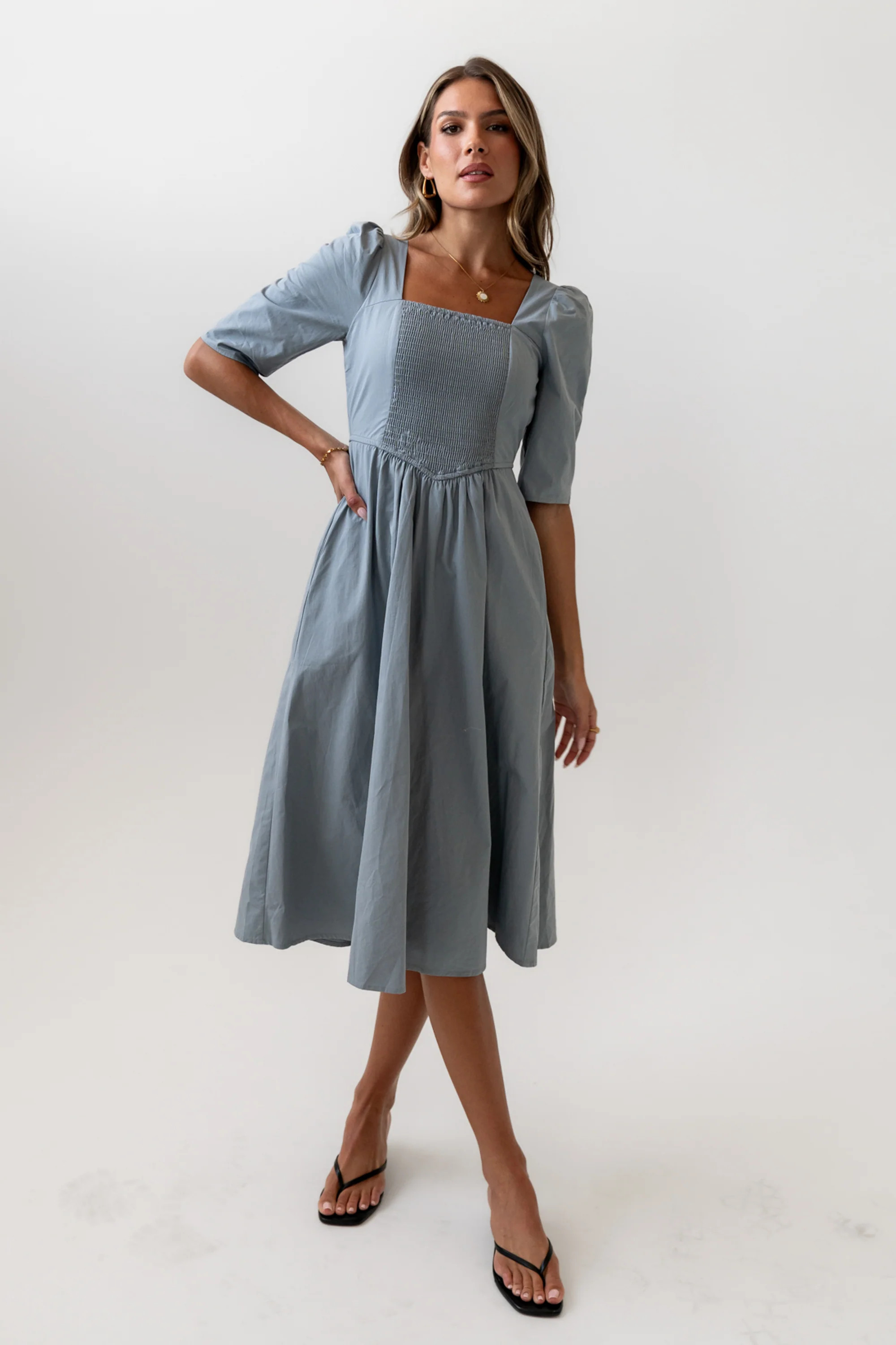 Paisley Smocked Midi Dress in Slate Blue | Böhme US