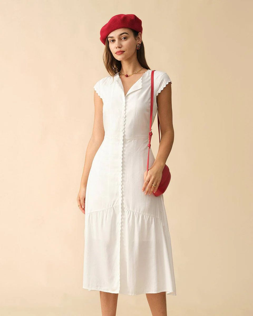 The Solid Color Lapel Midi Dress - Lapel Collar Dress For Office Work, Workwear - White - Dresses... | rihoas.com