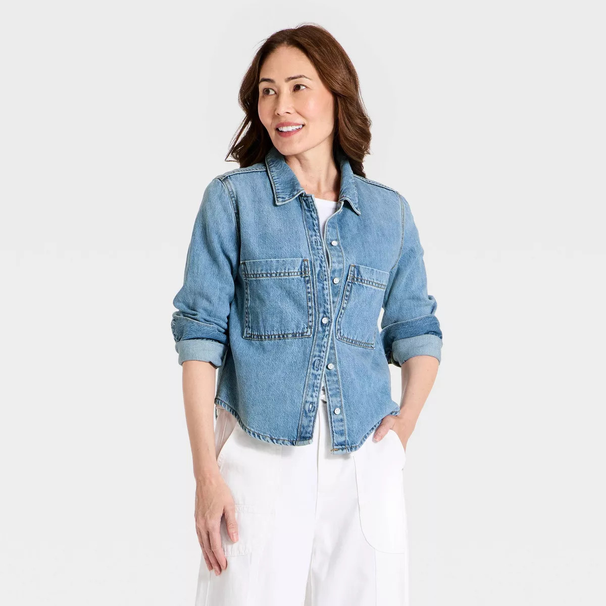 Women's Easy Denim Shirt - Universal Thread\u2122 Light Wash Clean L | Target