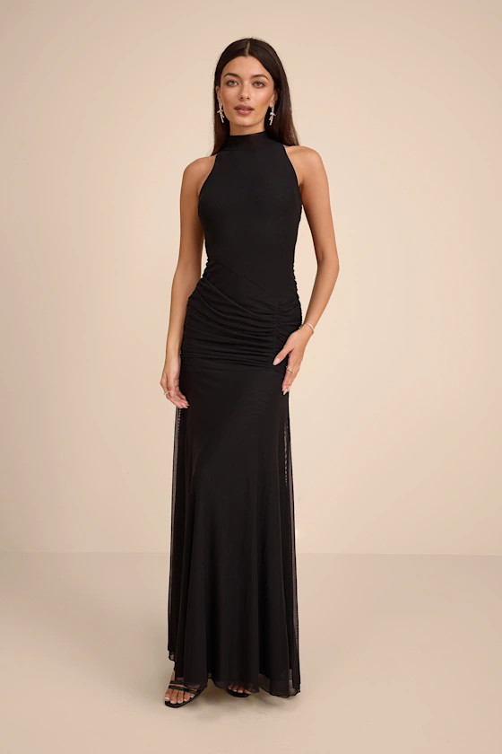 Alma Black Mesh Mock Neck Ruched Maxi Dress | black tie wedding Guest dress  | Lulus